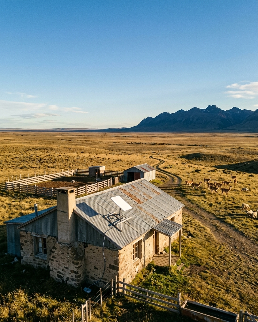 Antena Starlink instalada en estancia rural de la Patagonia